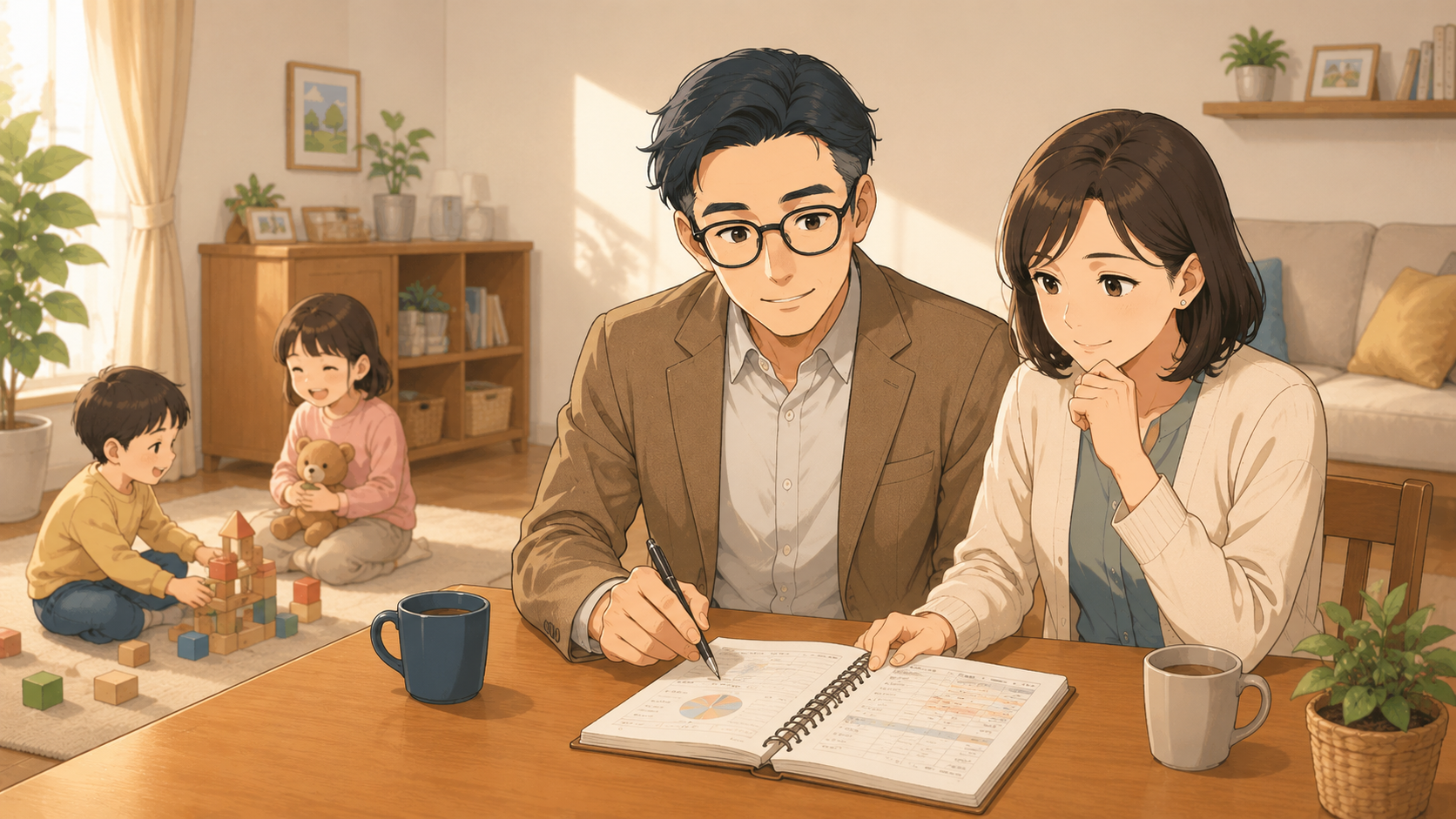 子どもが遊ぶそばで夫婦が家計ノートを確認しながら資産形成を相談するイラスト
