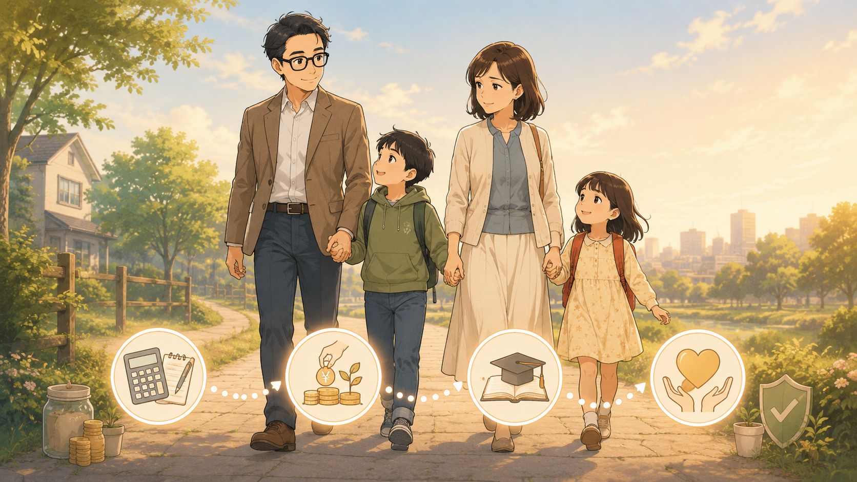 家族で将来に向かって歩きながら家計・投資・教育・安心を考えるイラスト