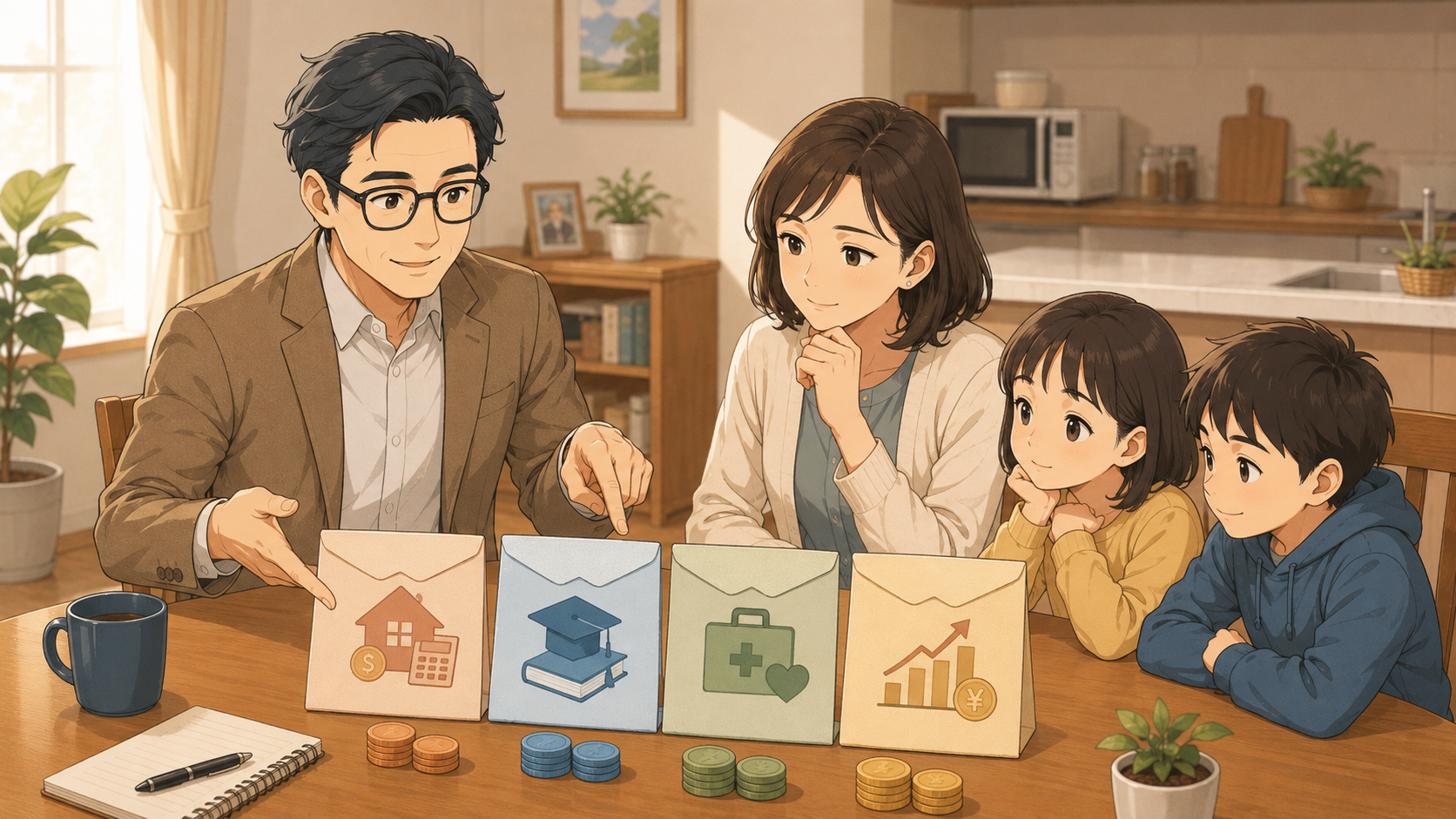 生活費や教育費など守るお金を家族で分けて確認しているイラスト