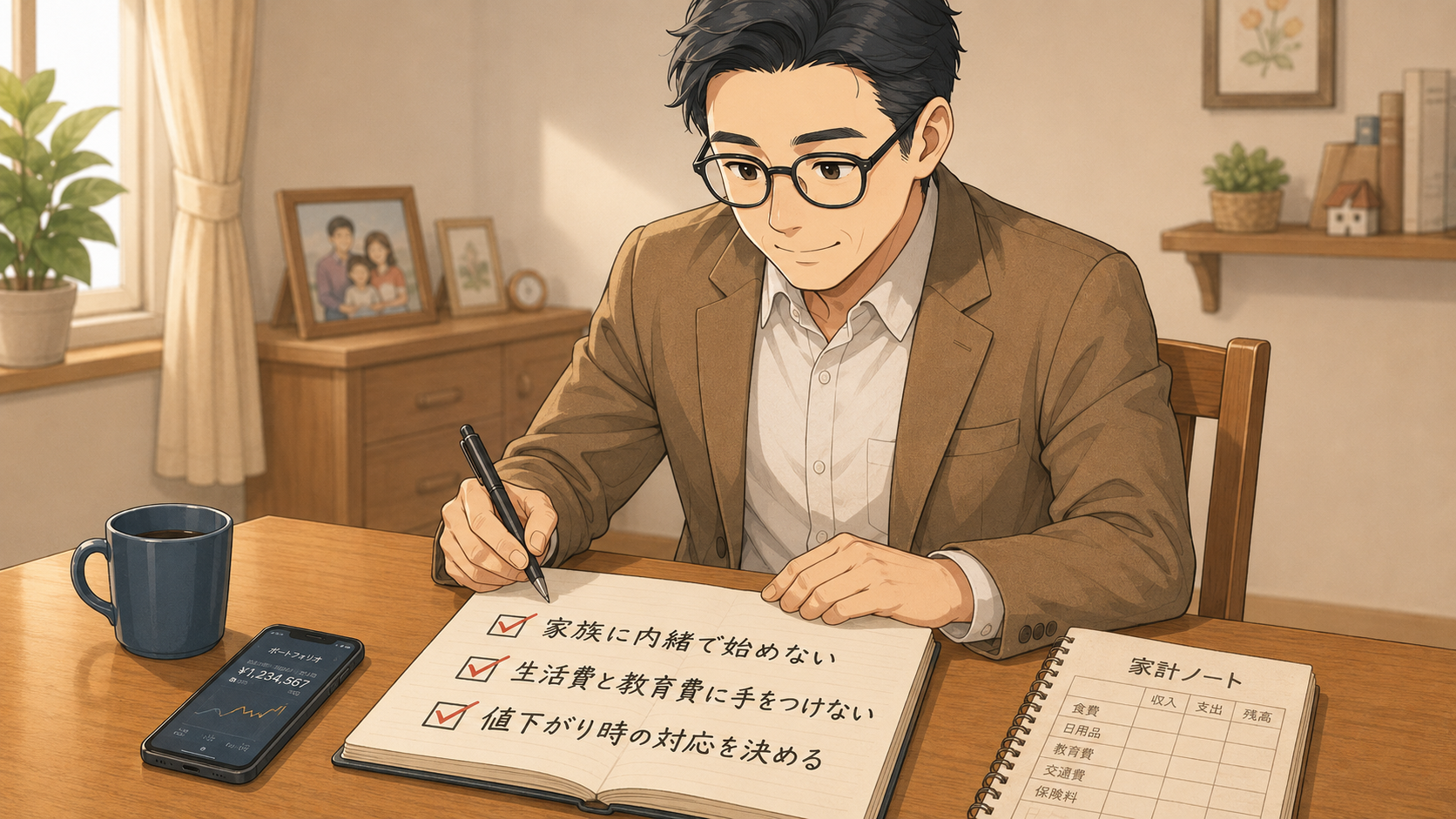 会社員パパが家族に内緒で始めないなど3つのルールをノートに書くイラスト