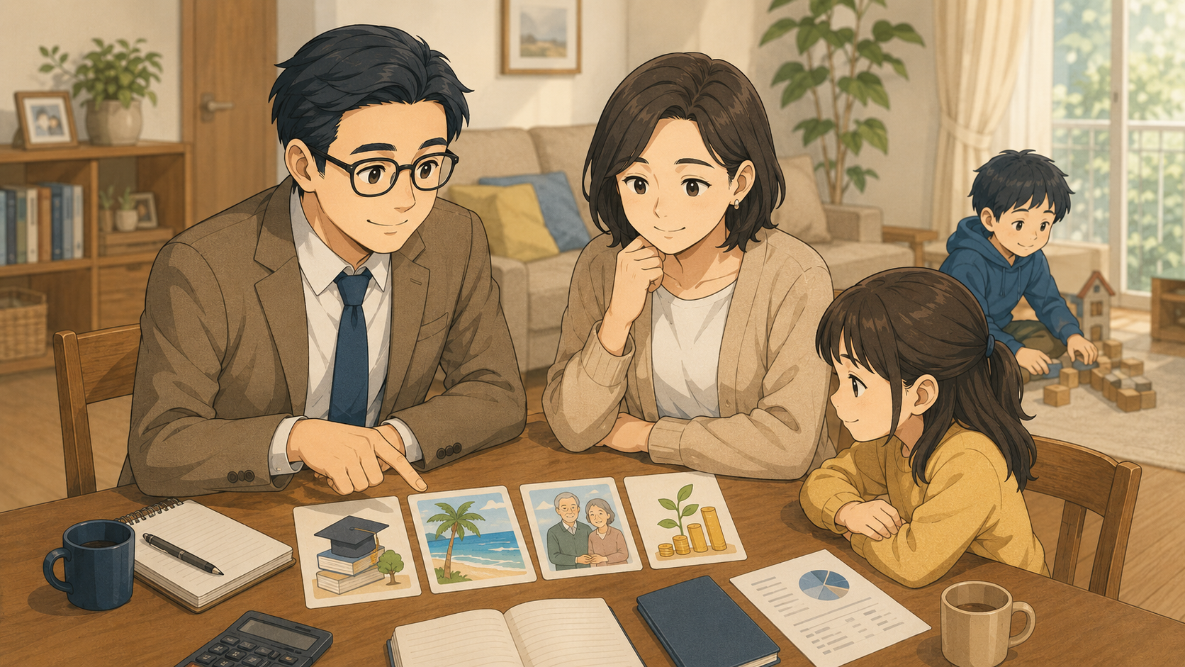 家族で教育・老後・資産形成の優先順位を相談する40代会社員のイラスト