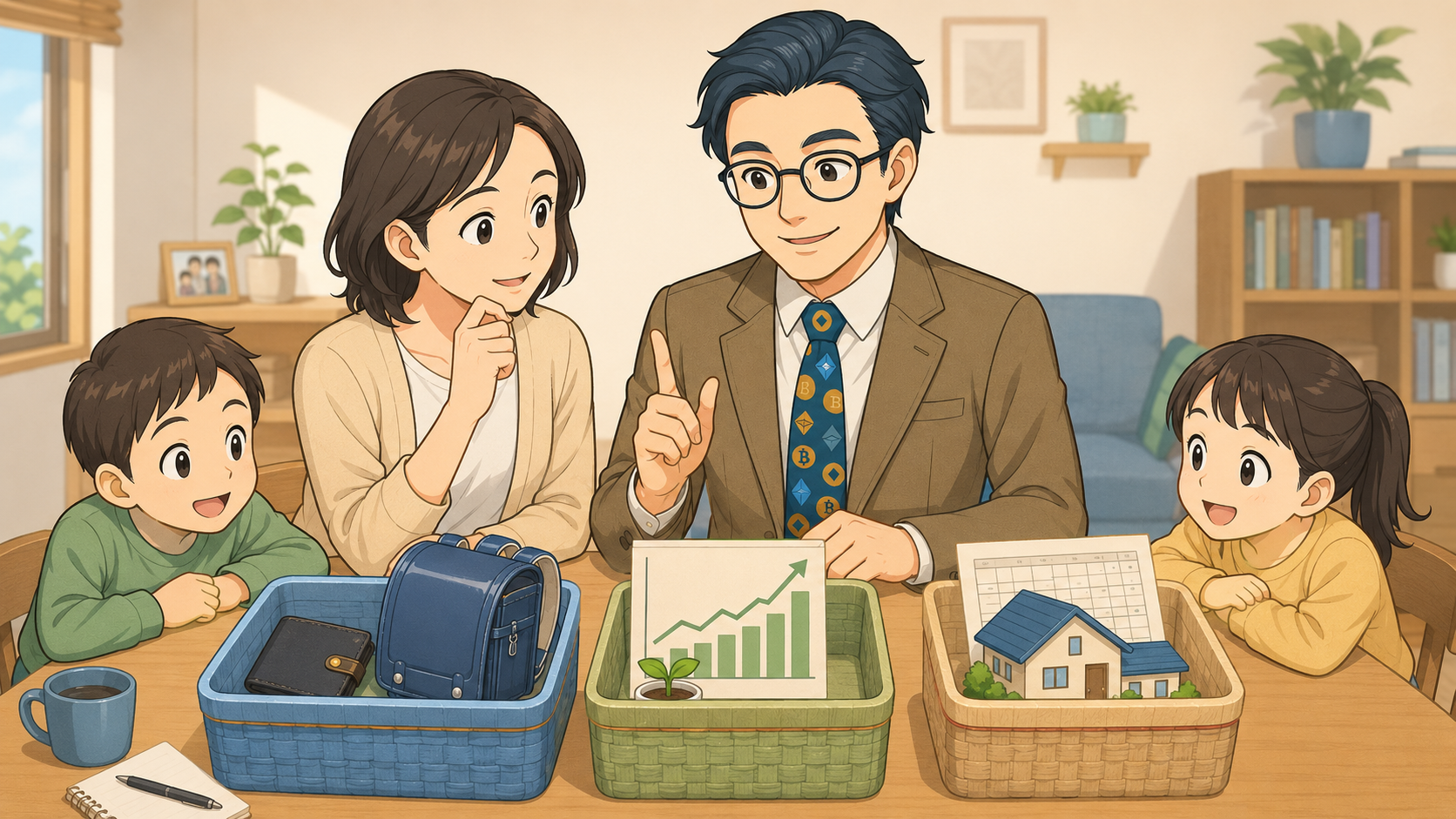 家族で住宅ローン返済と資産形成の優先順位を話し合うイラスト