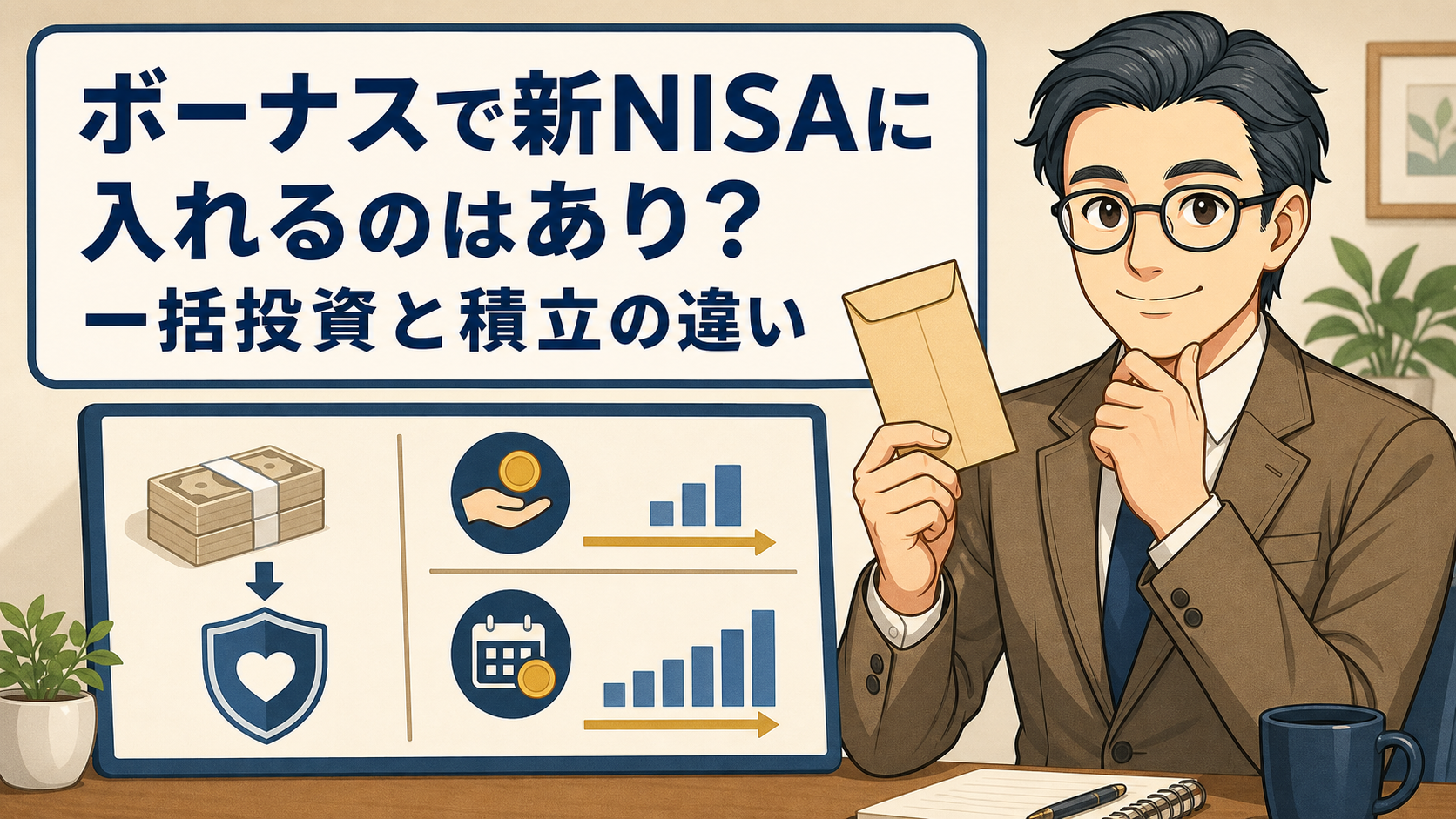ボーナスで新NISAに入れるかを一括投資と積立の違いから考えるアイキャッチ画像
