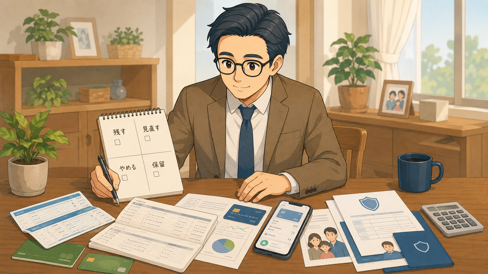 固定費を残す・見直す・やめる・保留に分類する40代会社員のイラスト