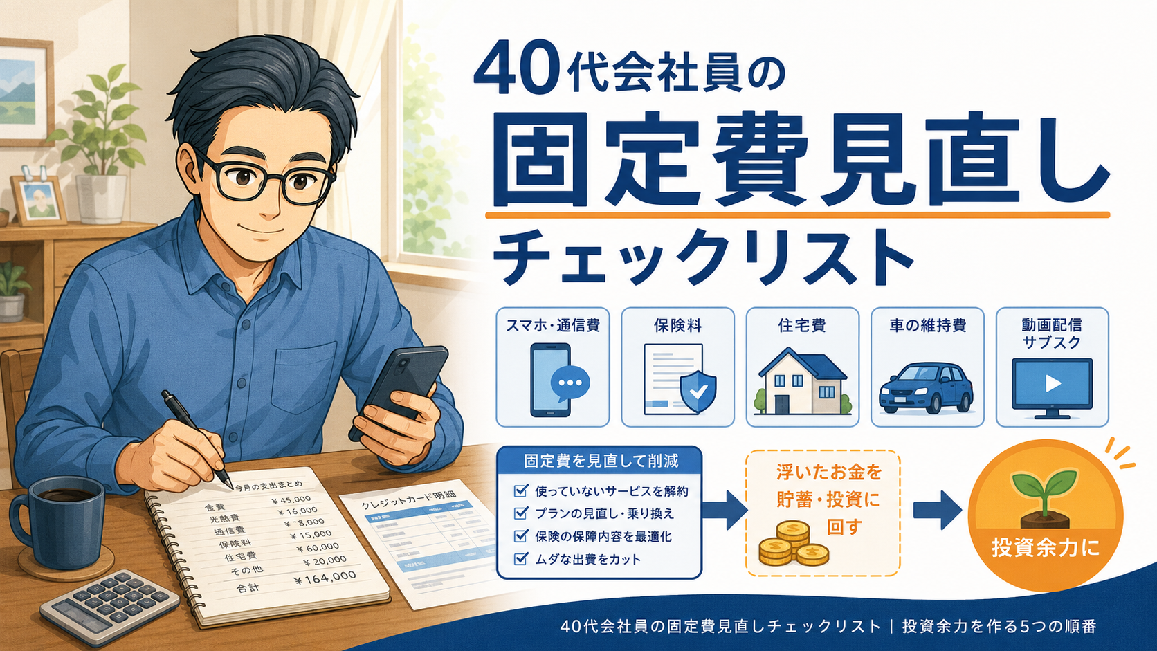 40代会社員の固定費見直しチェックリスト。固定費を減らして投資余力を作る5つの順番を説明するアイキャッチ画像