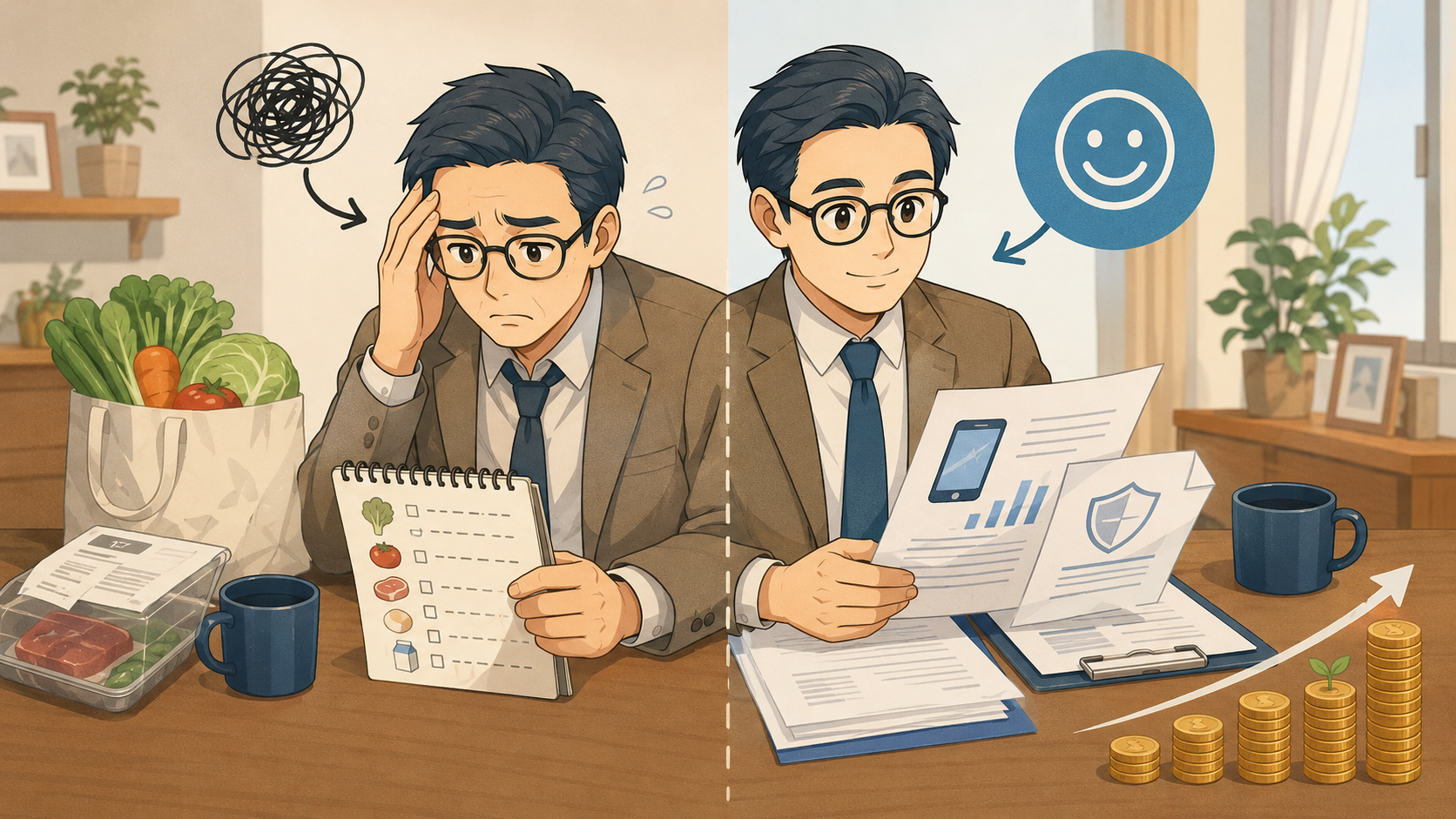 固定費を見直し、家計の不安から前向きな資産形成へ進む40代会社員のイラスト
