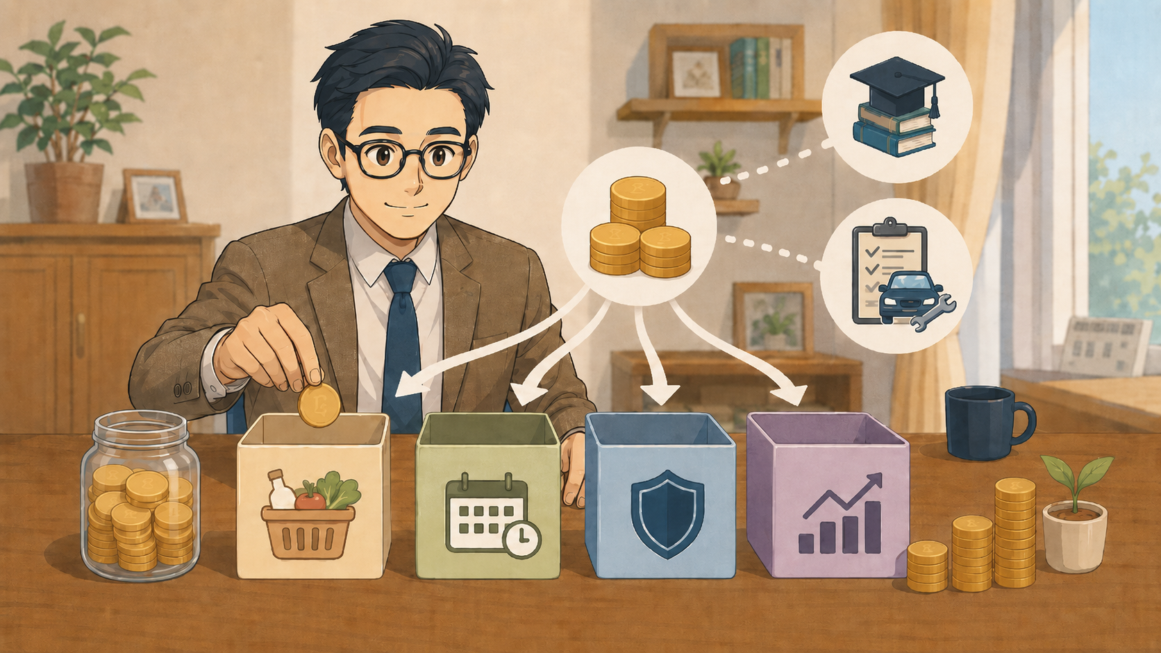 固定費の削減分を生活費・貯蓄・保障・投資に分ける40代会社員のイラスト