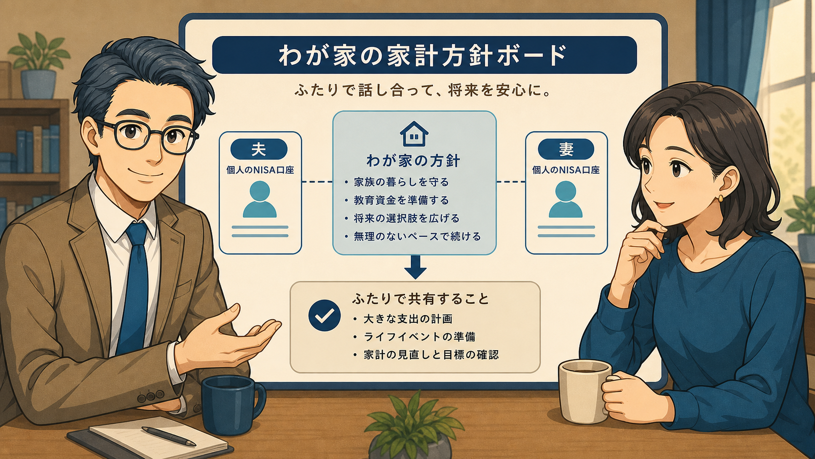 夫婦それぞれのNISA口座と、中央の家計方針を結び付けて考える図解