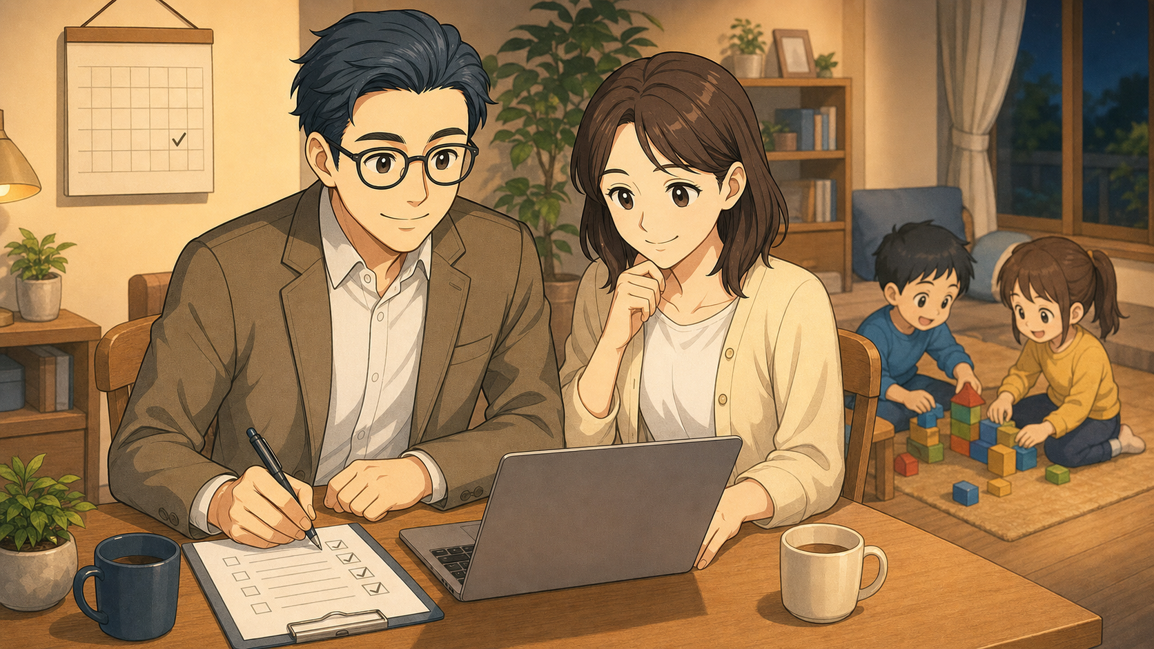 子どもが遊ぶそばで、夫婦が月1回の家計ミーティングとしてチェックリストとパソコンを確認しているイラスト
