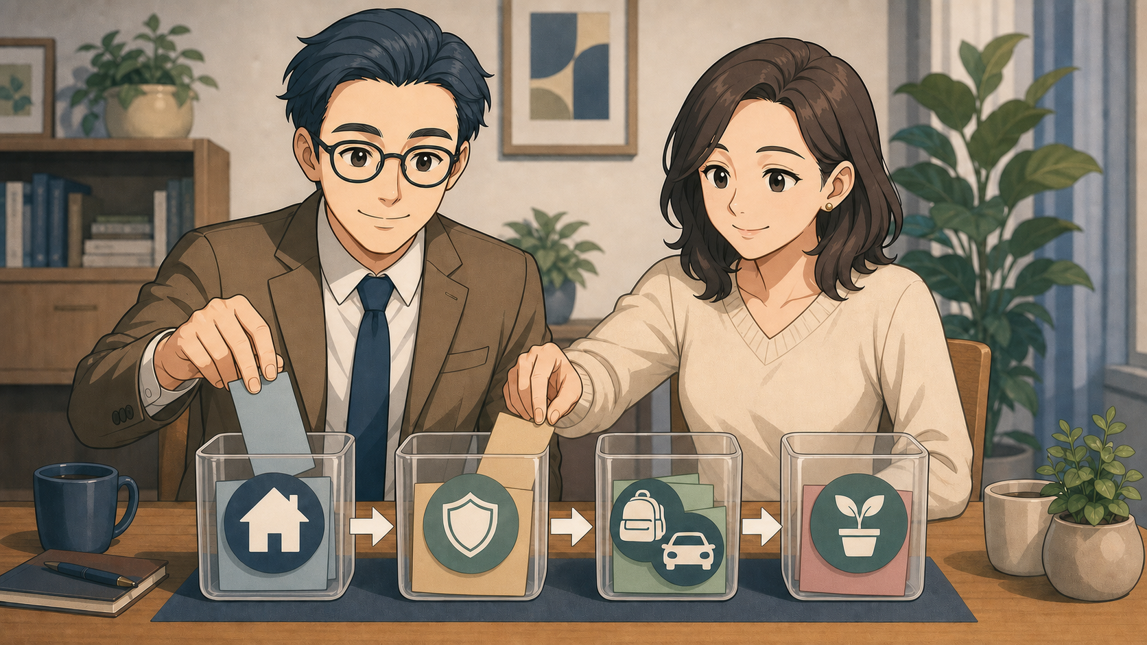 生活費、生活防衛資金、教育費や車の費用を先に分け、長期投資につなげる図解