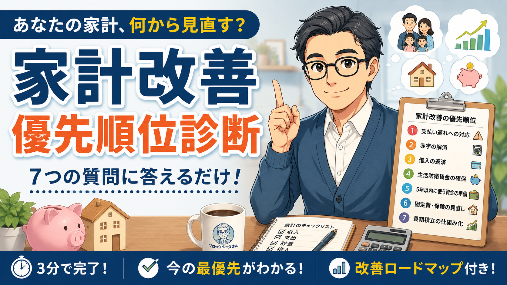 家計改善優先順位診断。7つの質問で家計の見直し順を確認する無料ツール