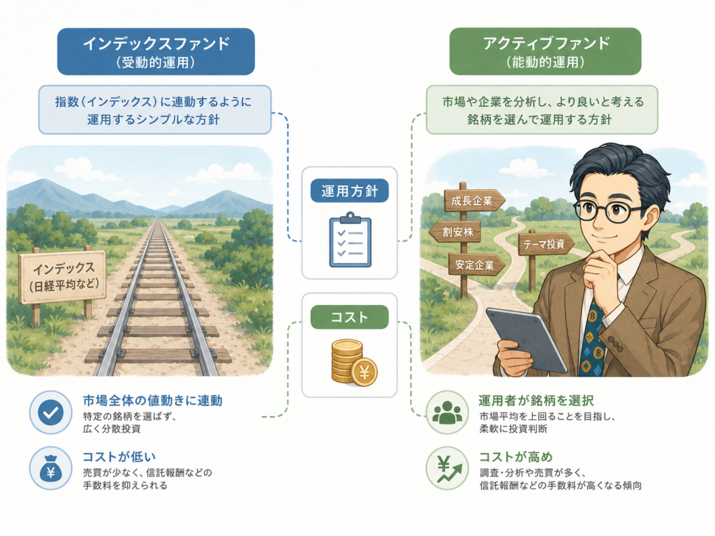 インデックスファンドとアクティブファンドの運用方針とコストの違いを比較した図解