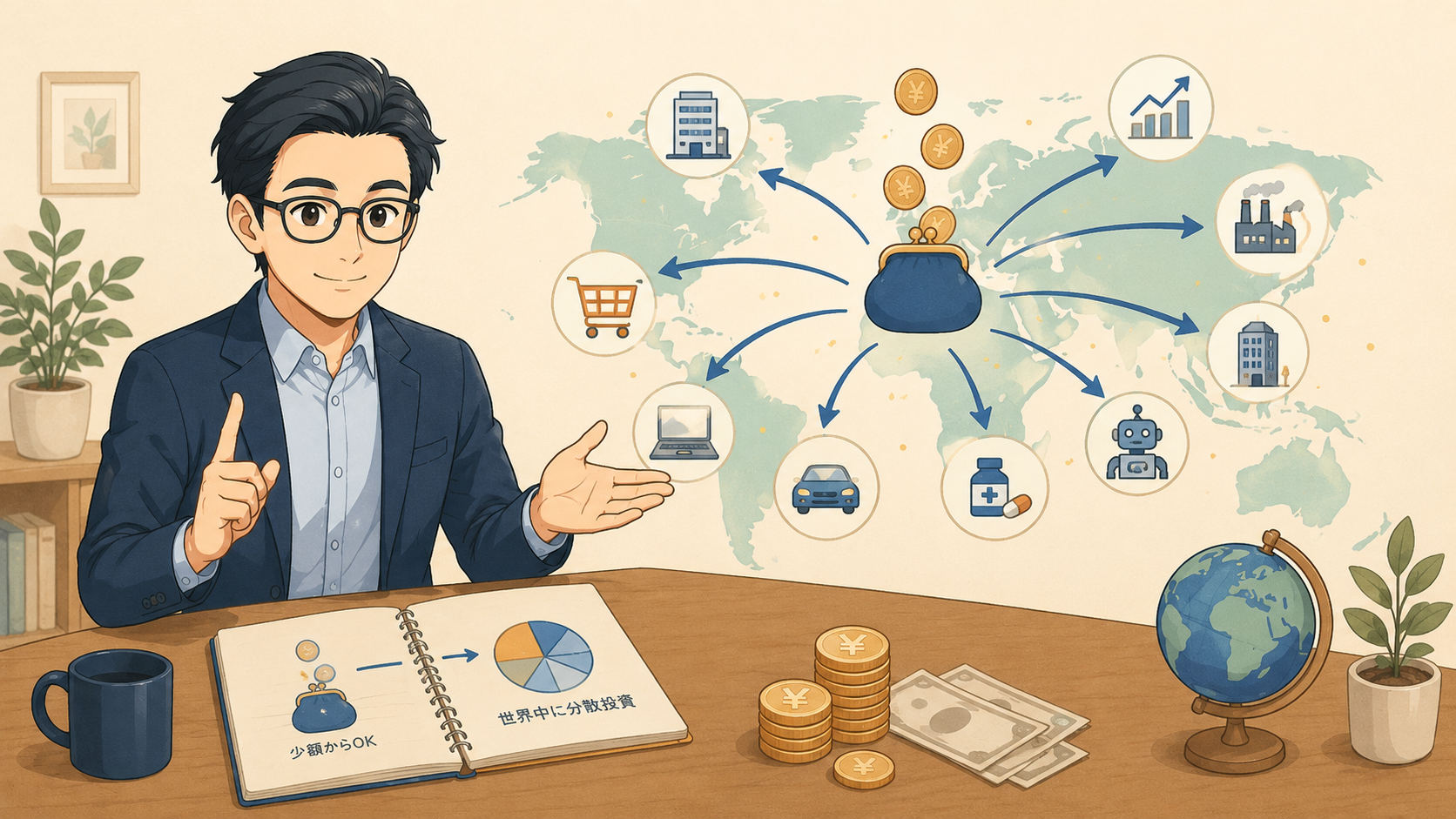 少額から世界中の企業へ分散投資するイメージを解説する挿し絵