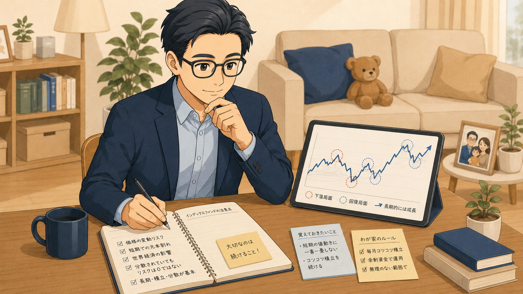 インデックスファンドの値動きリスクと長期積立の考え方を確認する挿し絵
