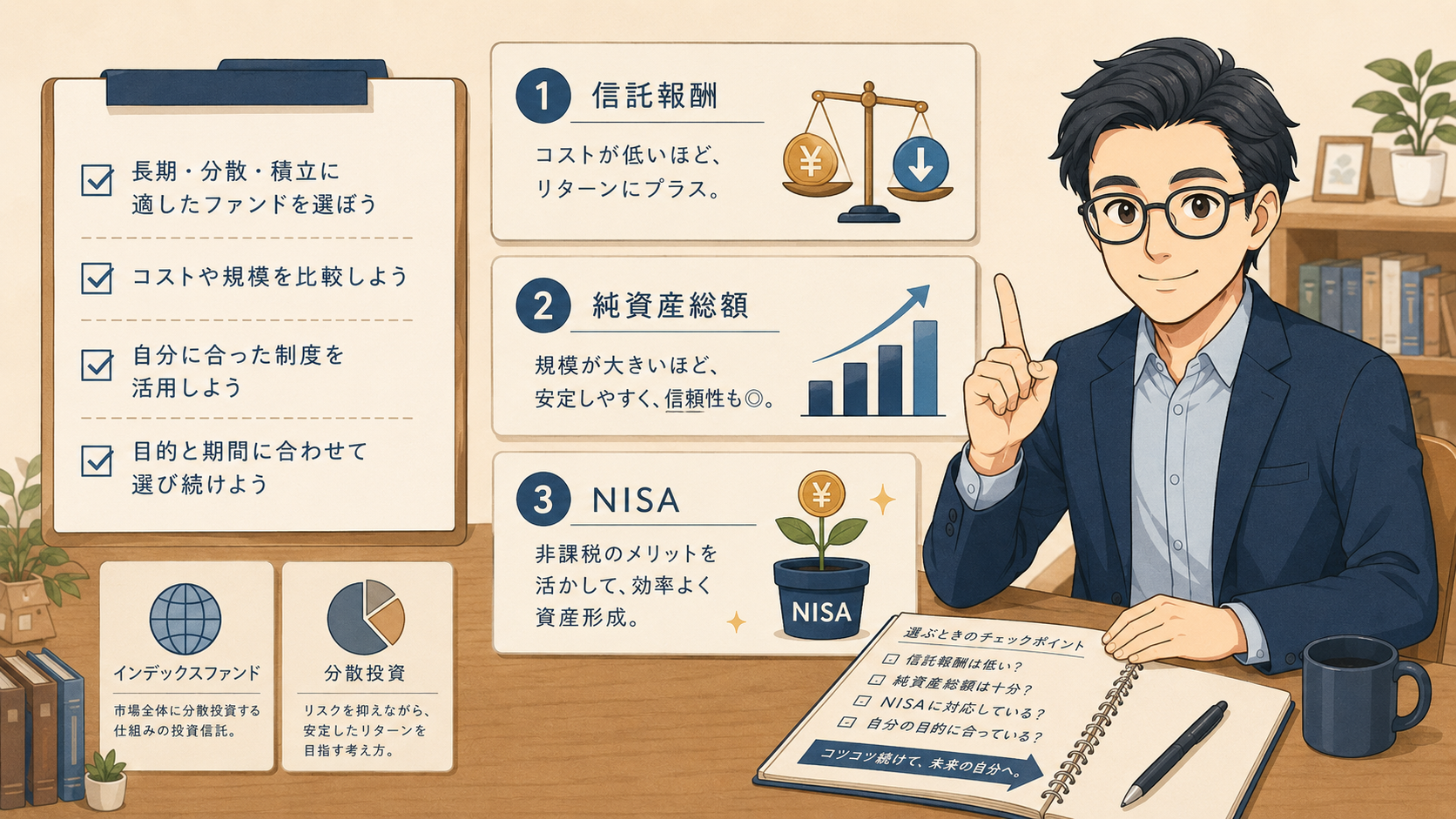 インデックスファンド選びで信託報酬、純資産総額、NISAを確認する挿し絵