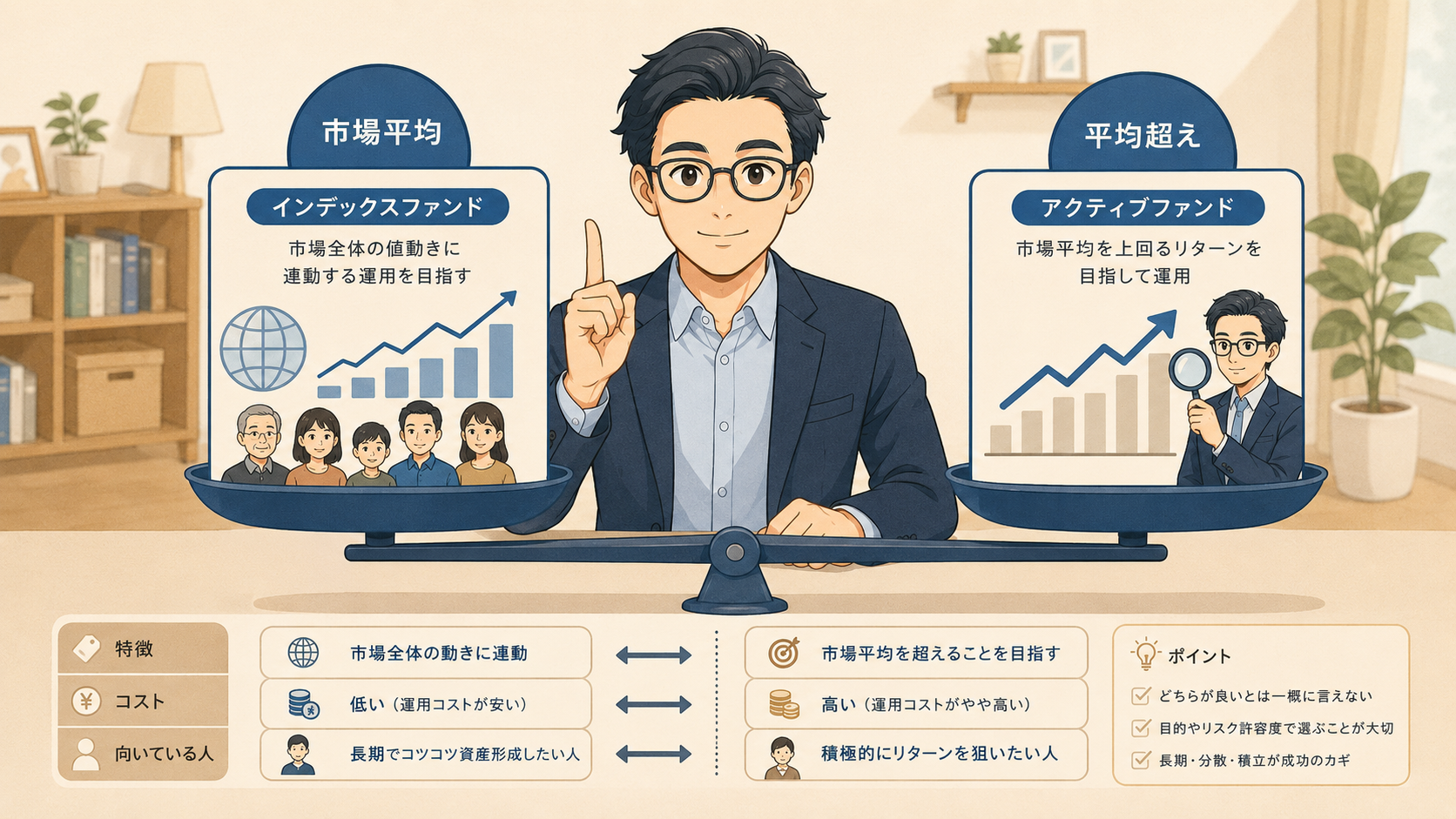 インデックスファンドとアクティブファンドの違いを比較する挿し絵