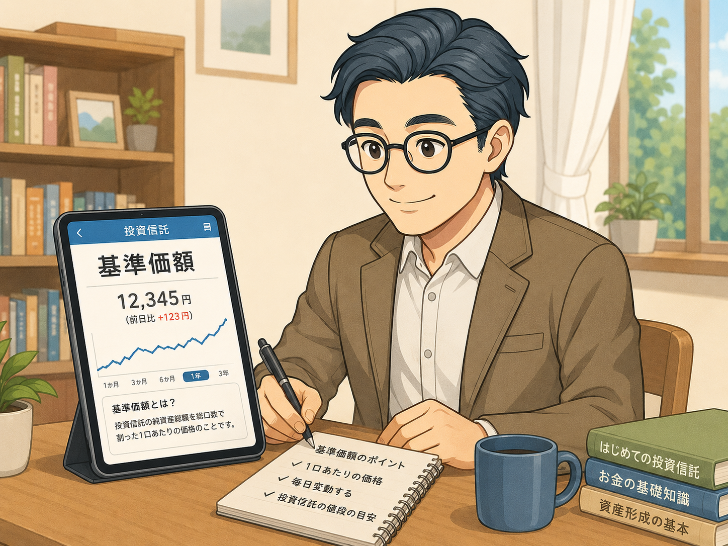 タブレットで投資信託の基準価額を確認し、基準価額のポイントを整理している初心者向けの挿絵