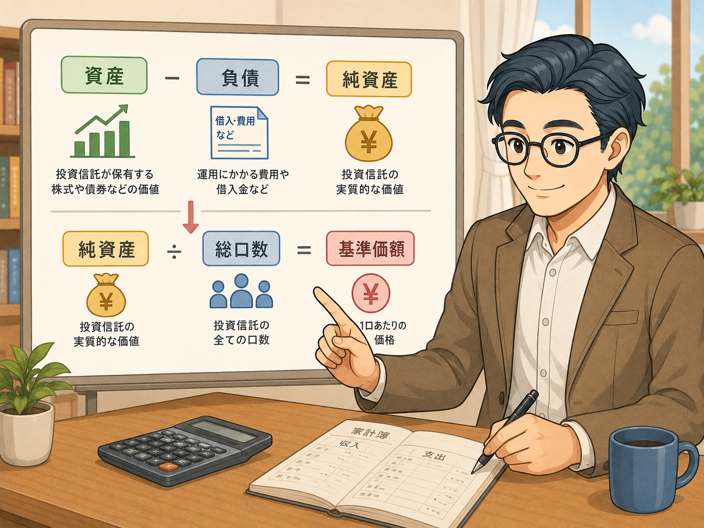 資産から負債を差し引いた純資産を総口数で割って基準価額を計算する仕組みを説明する挿絵