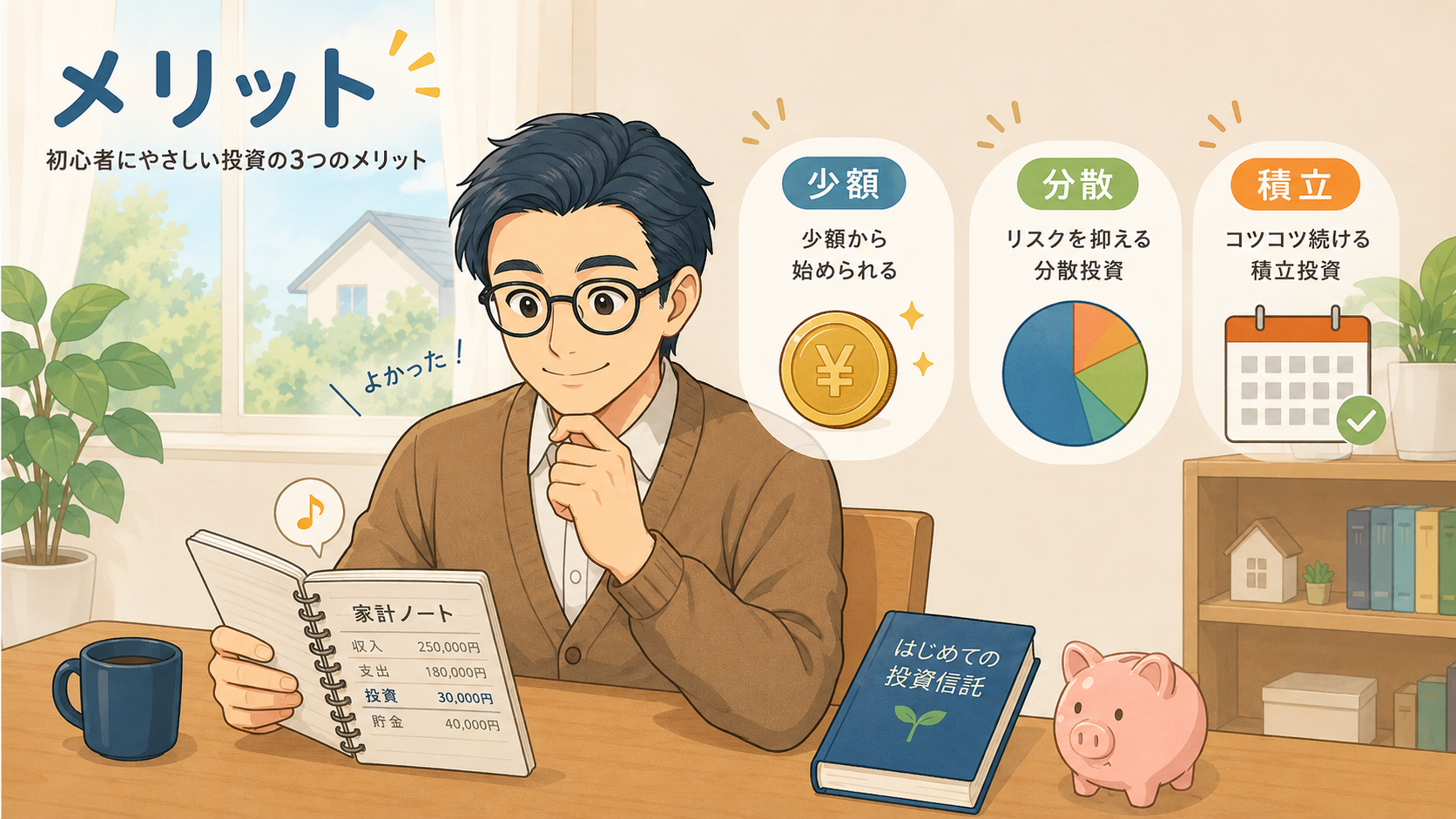 投資信託のメリットとして少額・分散・積立を初心者向けに説明する挿絵
