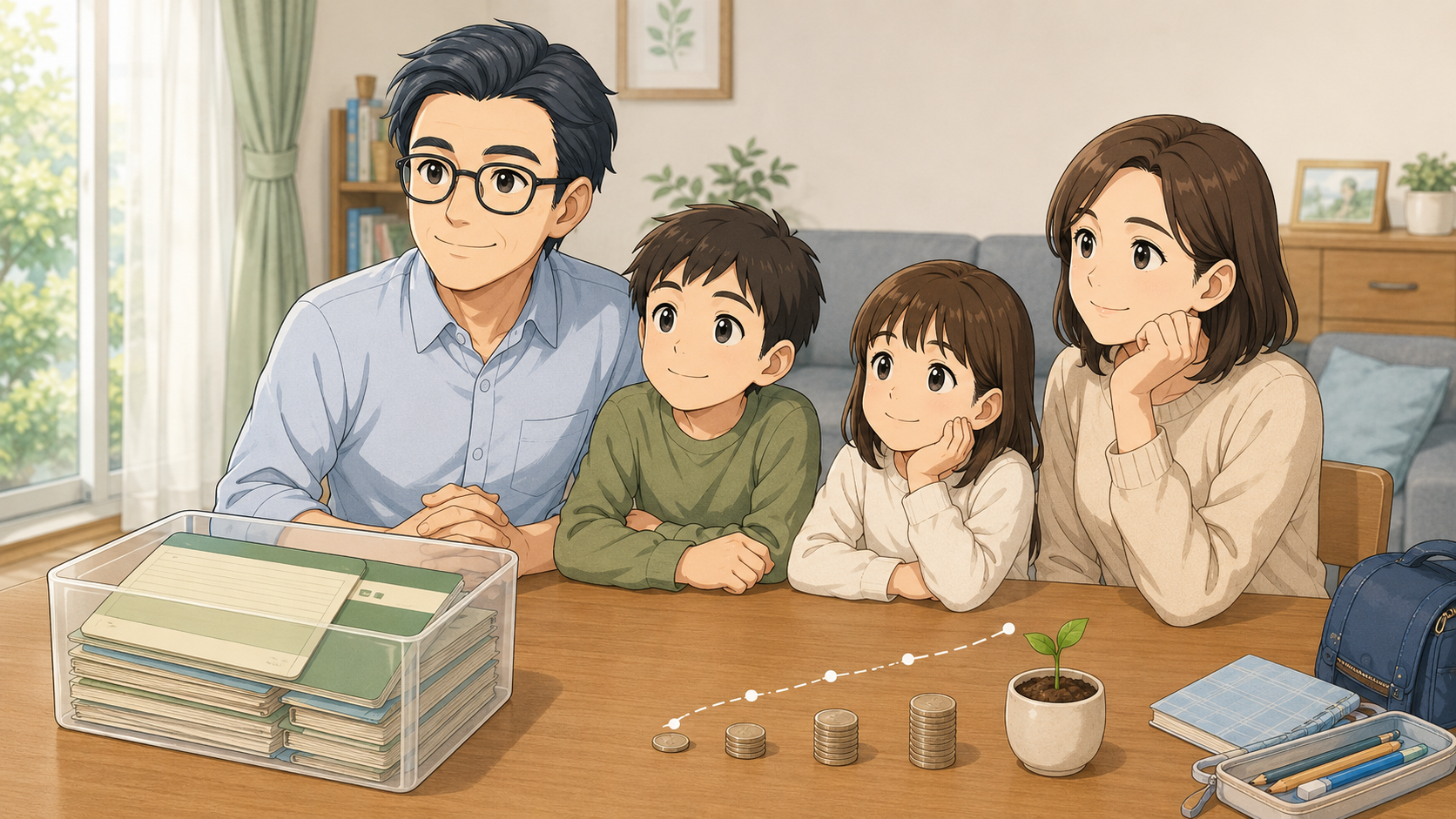 家族の将来を考えながら少額から資産形成を始めるイメージ