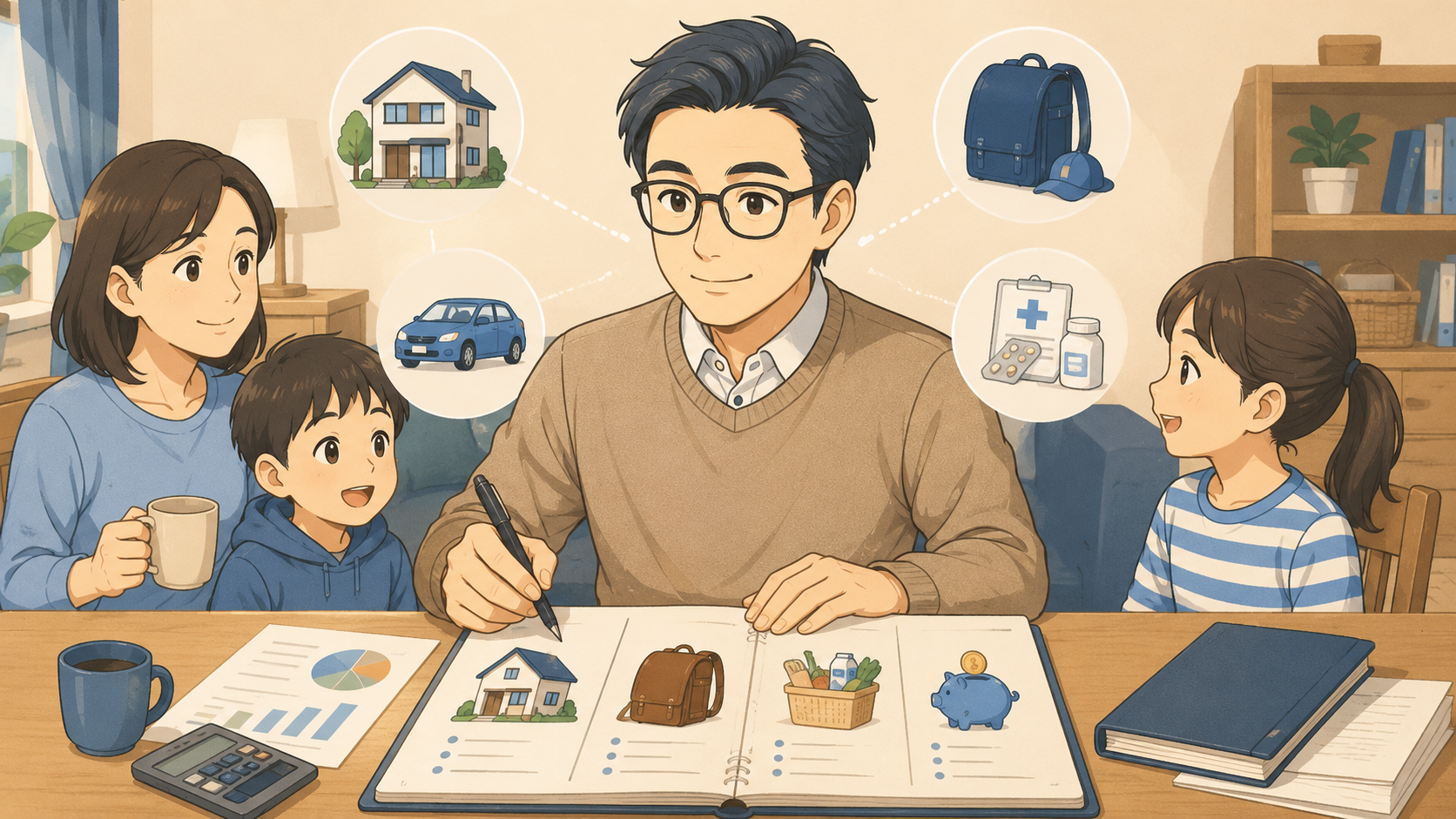 住宅や教育費など家族の支出を確認する会社員パパのイラスト
