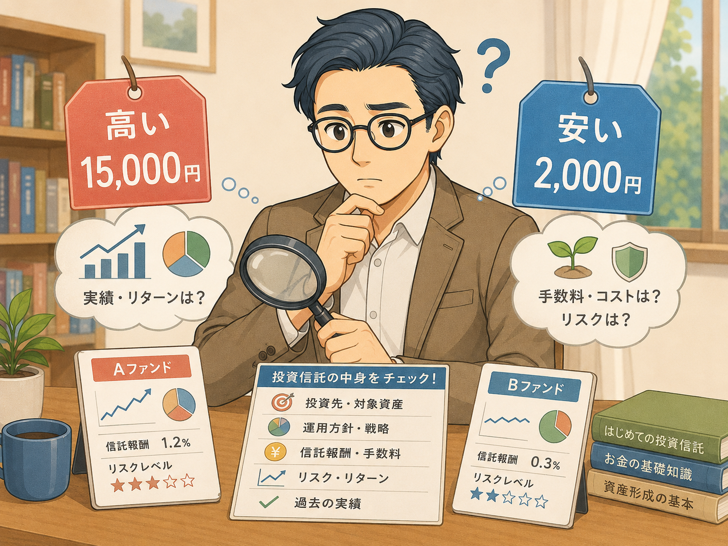 投資信託の基準価額が高い・安いだけではなく中身やコストを確認する様子の挿絵