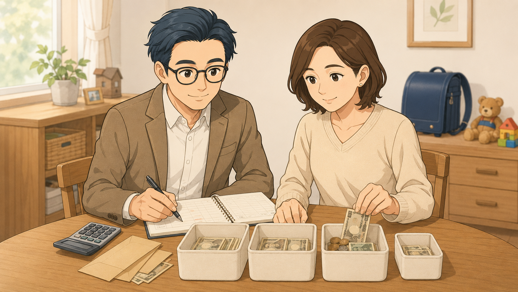 家族で家計を確認し生活費と投資資金を分けるイメージ