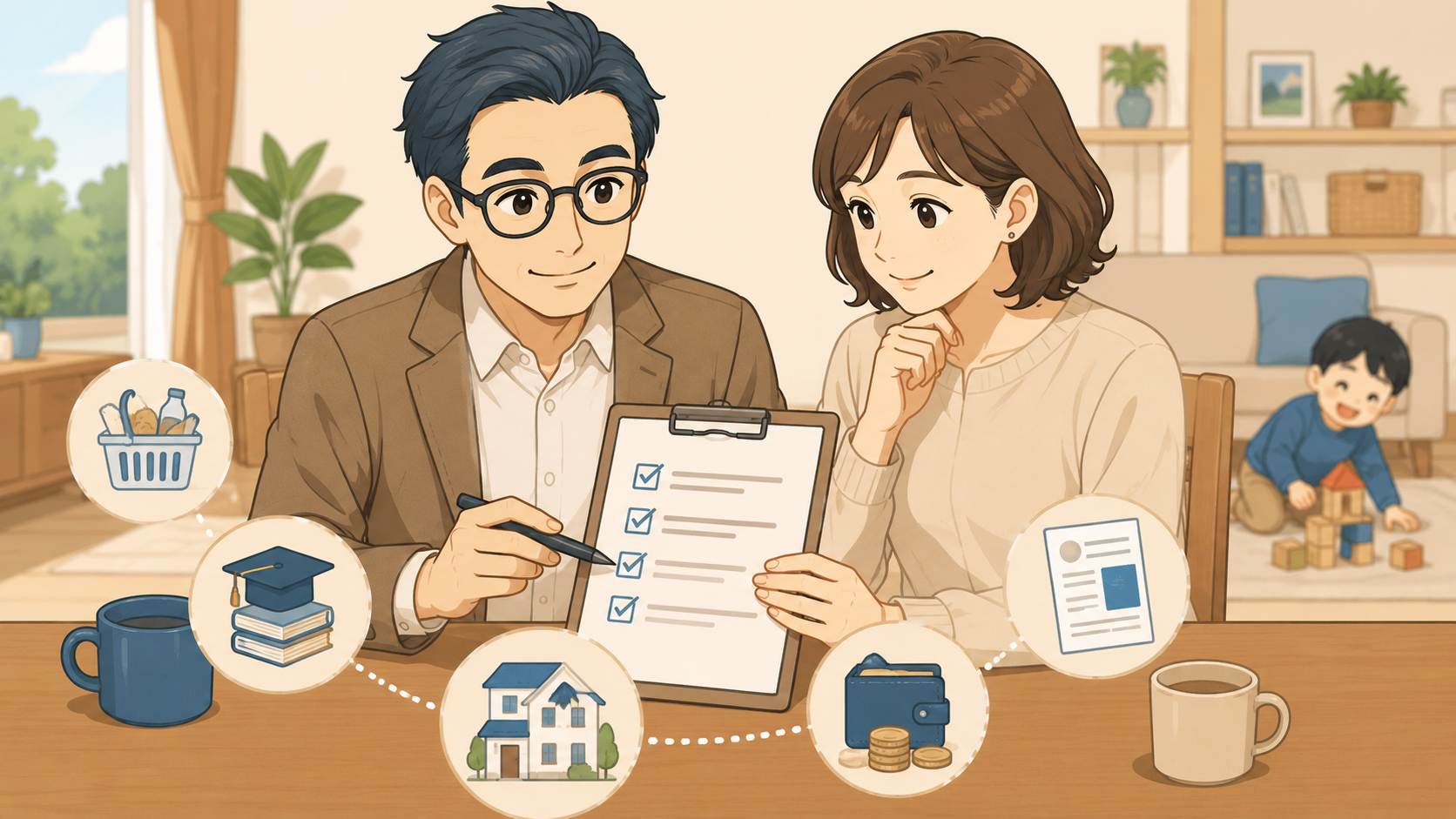 家族で家計と投資の優先順位を確認するイラスト