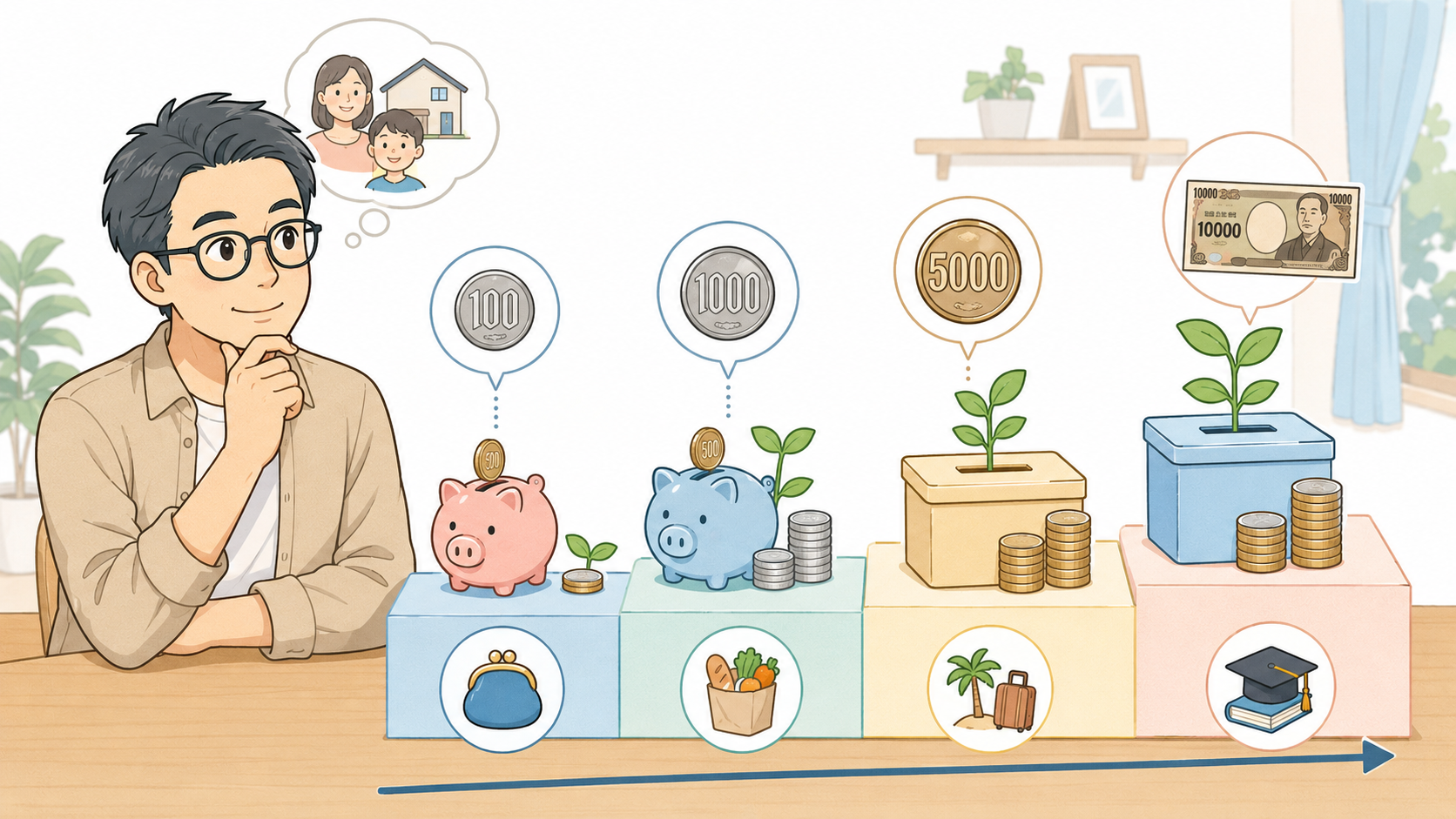 月100円から1万円までの積立額と家計の優先順位を示すイメージ