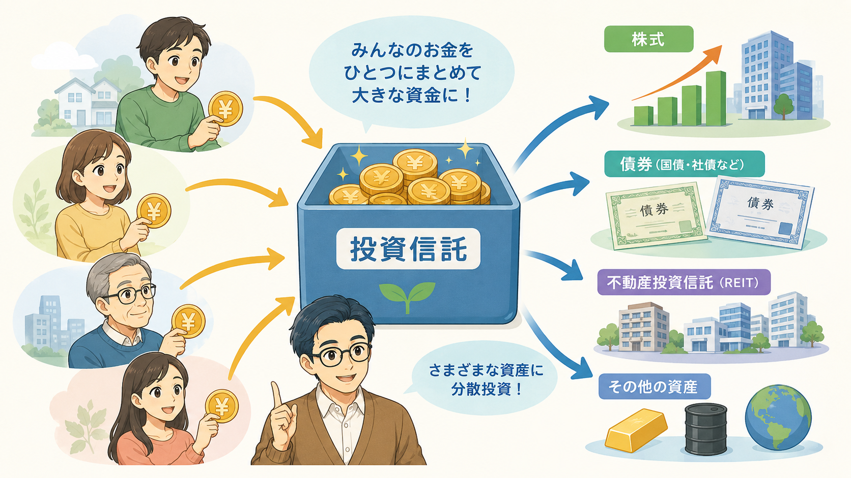 投資信託の仕組みとして、みんなのお金をまとめて株式・債券・REITなどに分散投資する流れを説明する挿絵