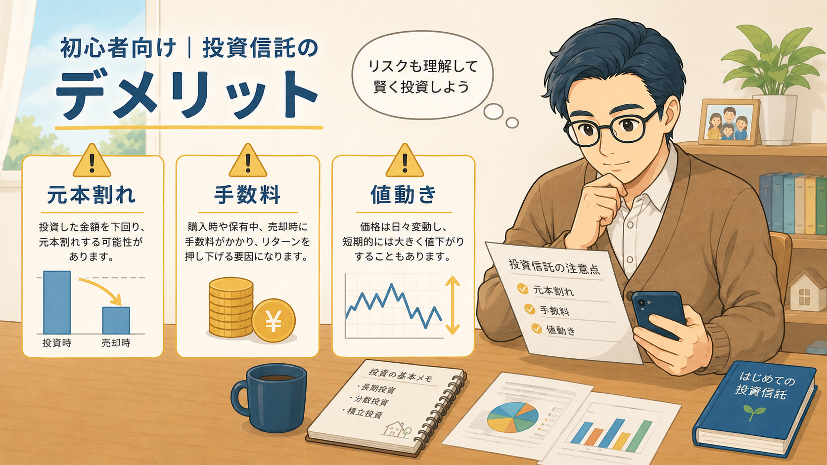 投資信託のデメリットとして元本割れ・手数料・値動きを初心者向けに説明する挿絵