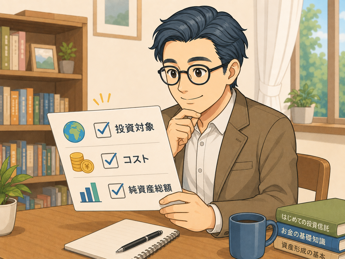 投資信託を選ぶときに投資対象、コスト、純資産総額を確認するチェックリストの挿絵