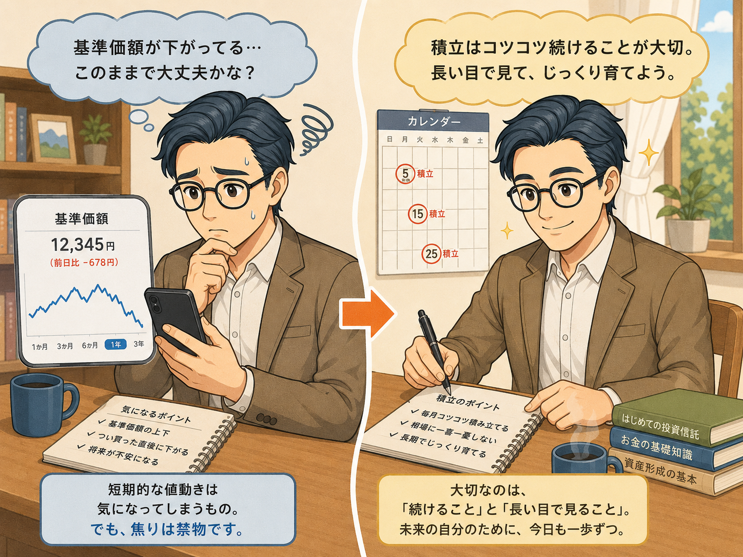 基準価額の短期的な下落で焦らず積立を続け、長い目で見る大切さを説明する挿絵