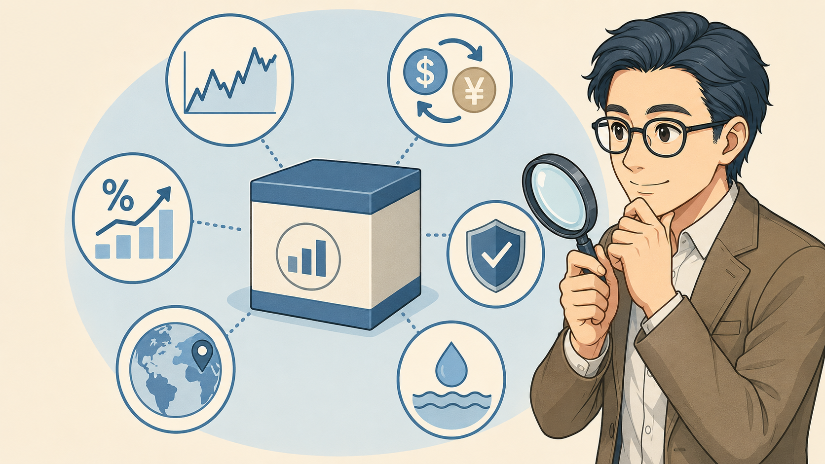 価格変動や為替など投資信託の主なリスクを確認するイラスト