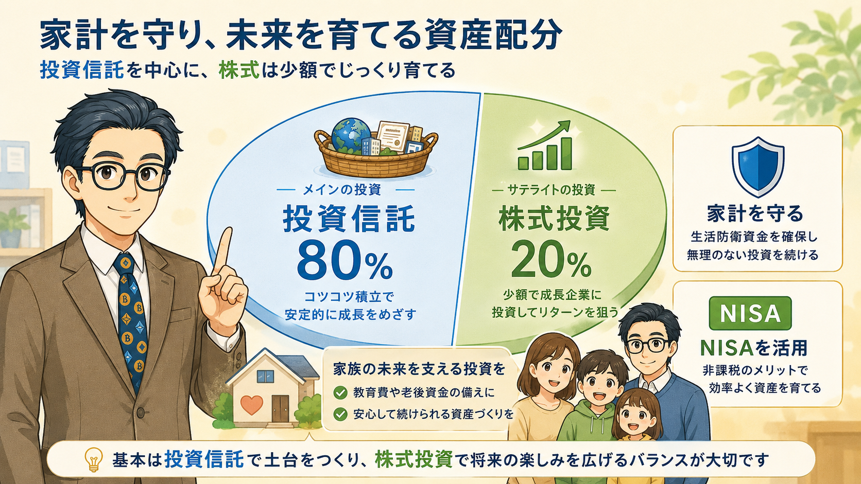 投資信託を中心に株式投資を少額で組み合わせる資産配分の図解