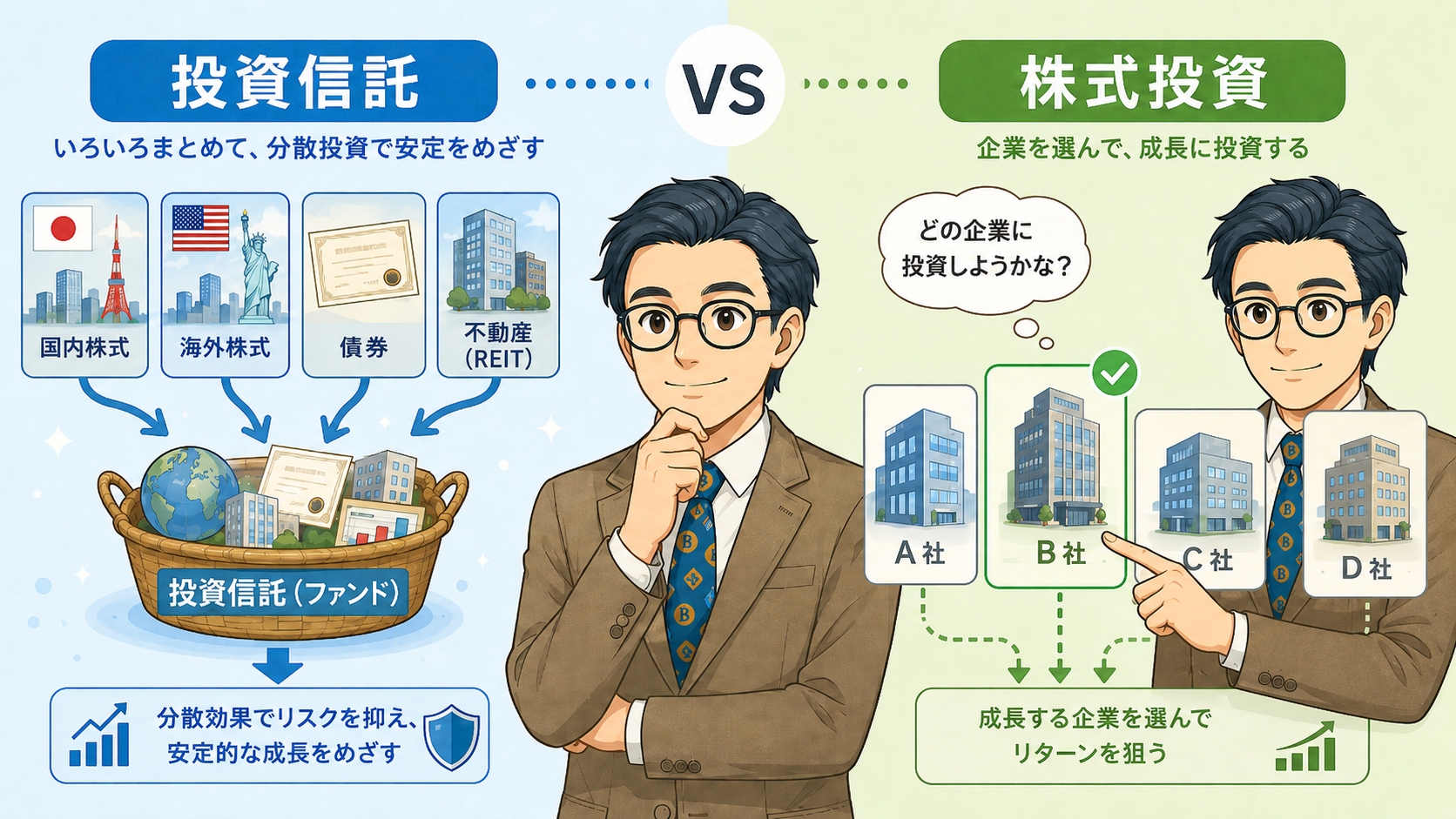 投資信託と株式投資の違いを初心者向けに比較した図解