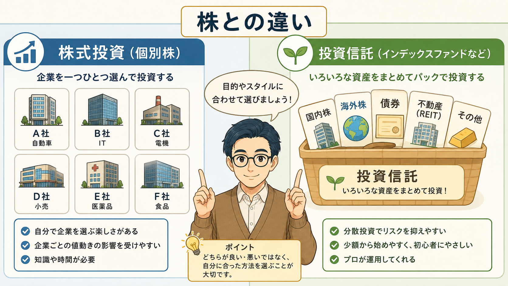 株式投資と投資信託の違いを初心者向けに比較する挿絵