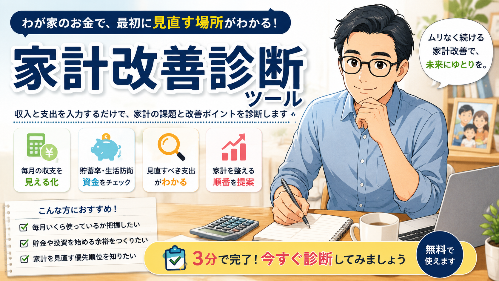 収入と支出から家計の課題と改善ポイントを確認できる家計改善診断ツール