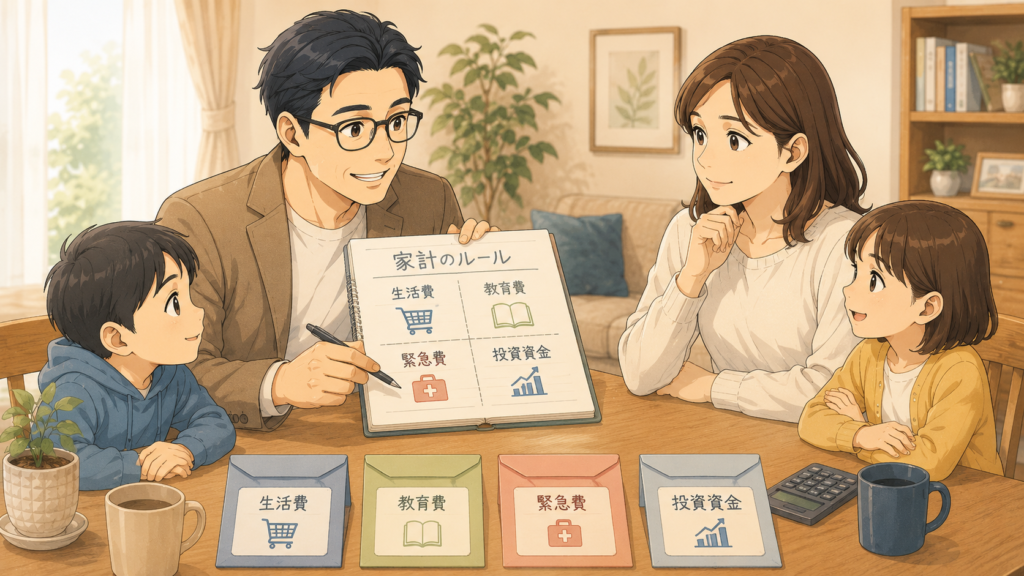 生活費・教育費・緊急費・投資資金を分けて家族で家計のルールを確認する様子
