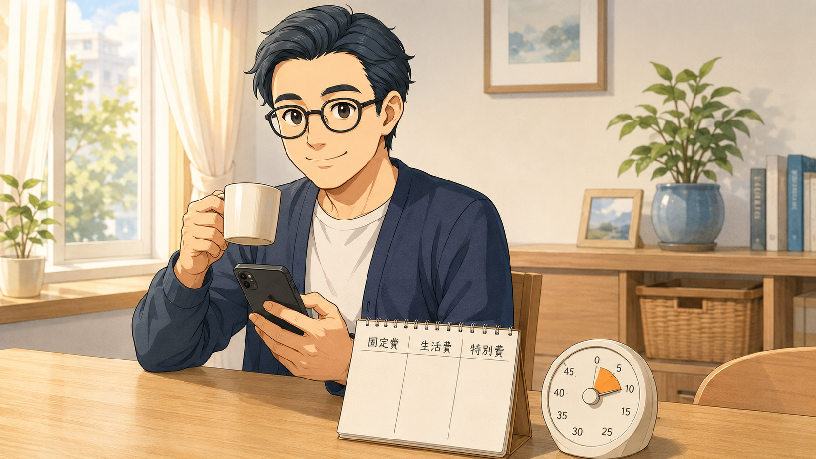 家計簿を無理なく再開するためにスマートフォンと3項目メモを確認する会社員パパ
