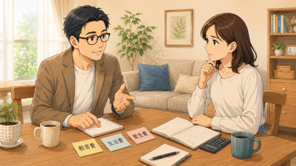 夫婦で家計の支出を確認しながら資産形成について話し合う様子
