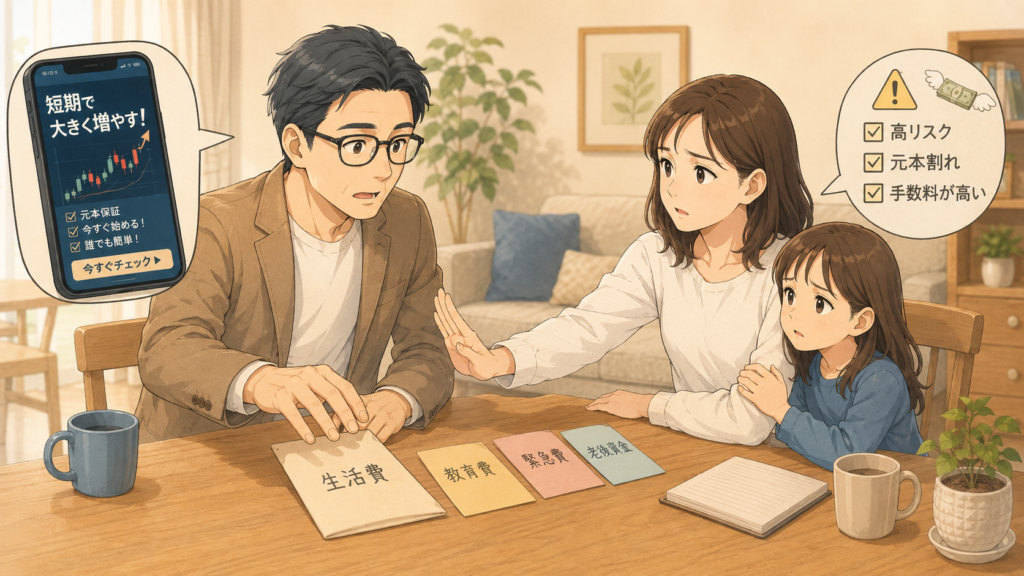 短期で大きく増やす投資広告に注意し、家族が高リスクや元本割れを心配する様子