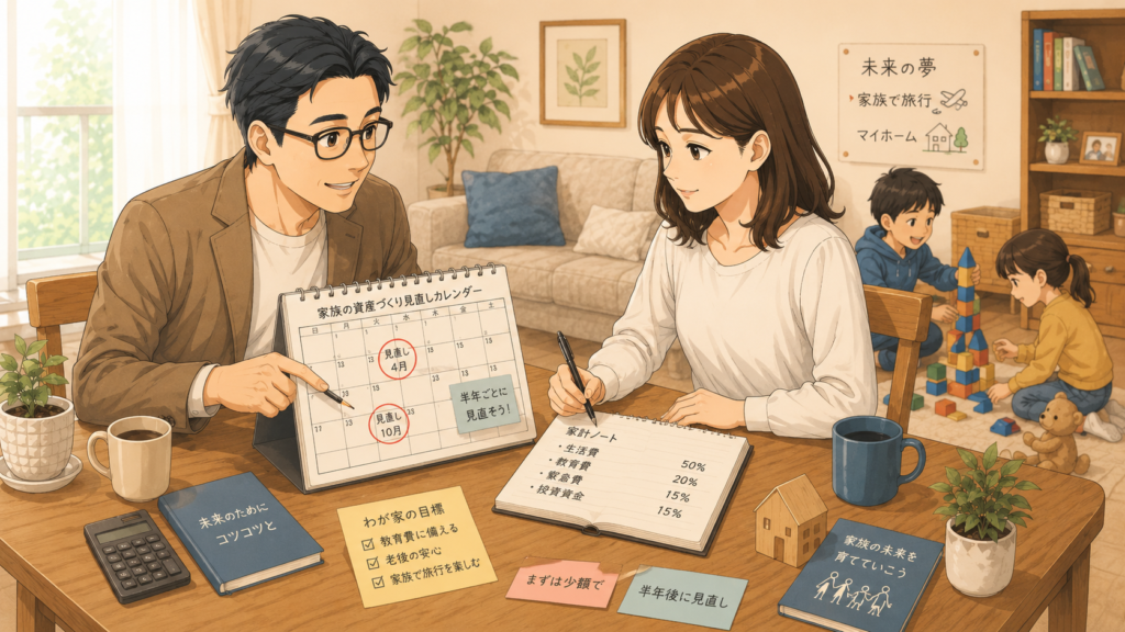 家族で半年ごとに資産形成の金額や目的を見直すカレンダーを確認する様子