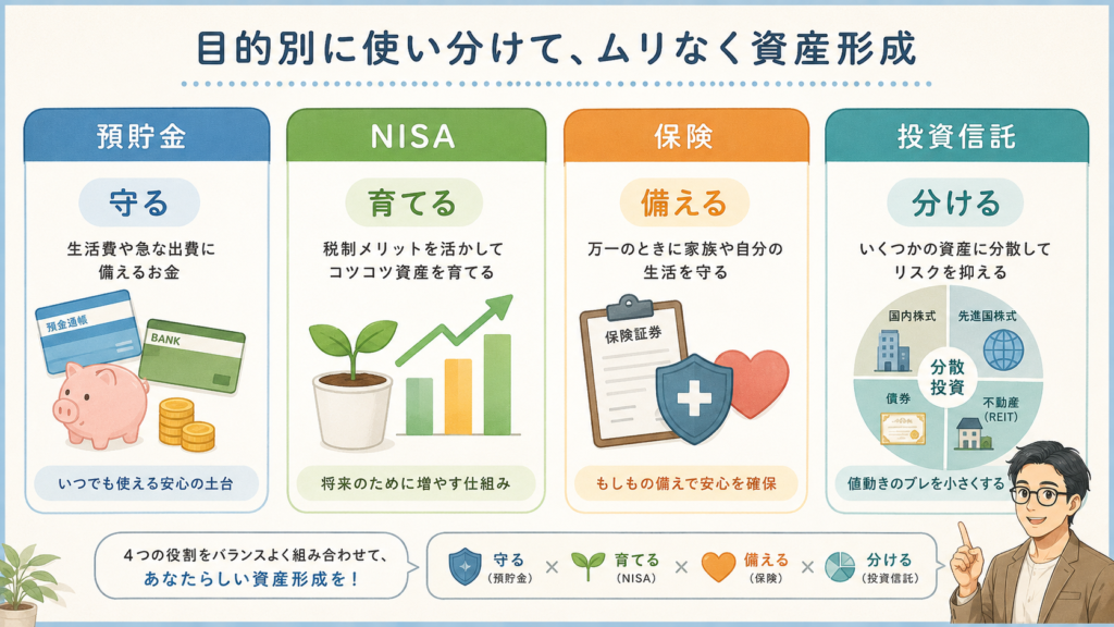預貯金・NISA・保険・投資信託を目的別に使い分ける資産形成の図解