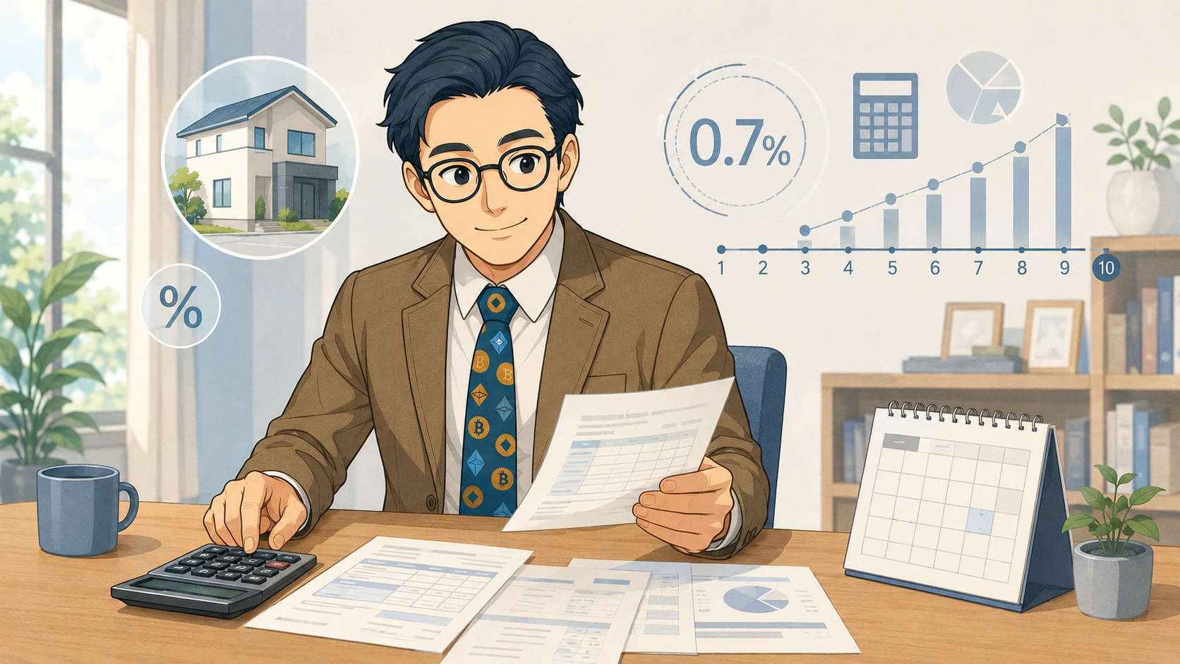 住宅ローン金利と返済額を計算して確認する男性のイラスト