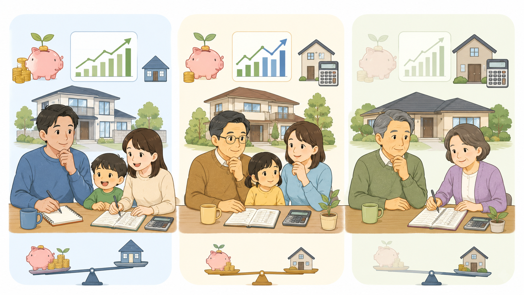 世帯や年齢別に住宅ローン返済と資産形成を比較するイラスト