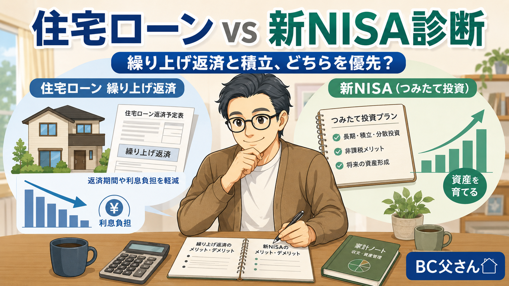 住宅ローンの繰り上げ返済と新NISAの積立、どちらを優先するかを家計から診断するイメージ画像