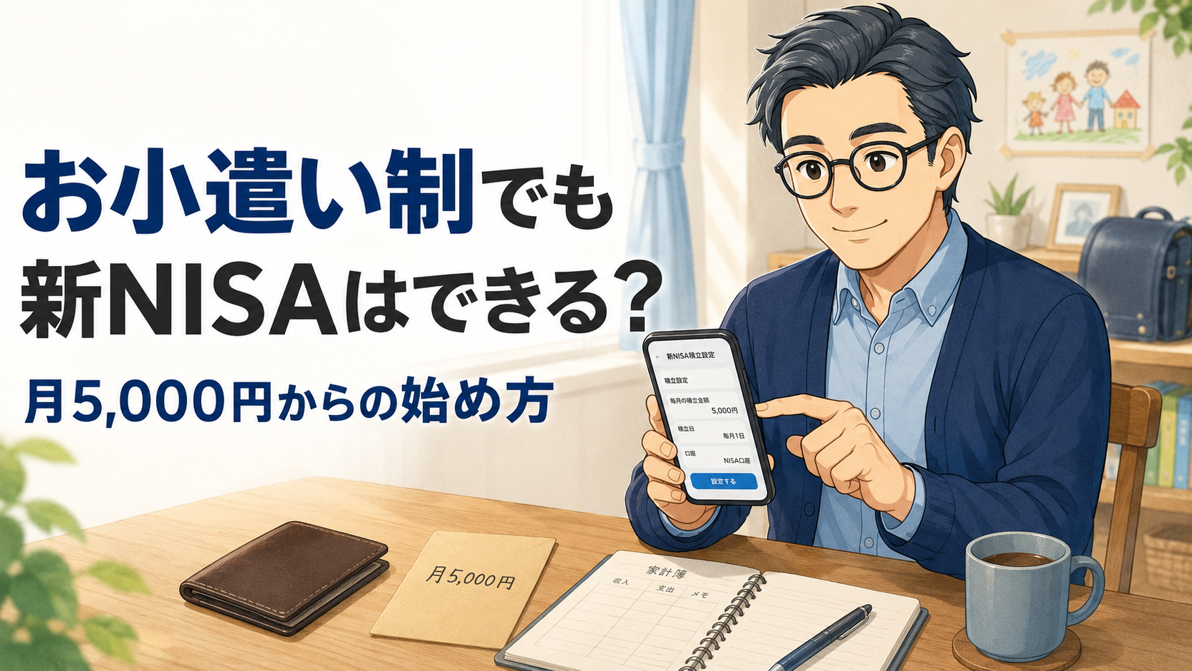 お小遣い制の会社員パパがスマートフォンで月5,000円の新NISA積立を設定するイメージ