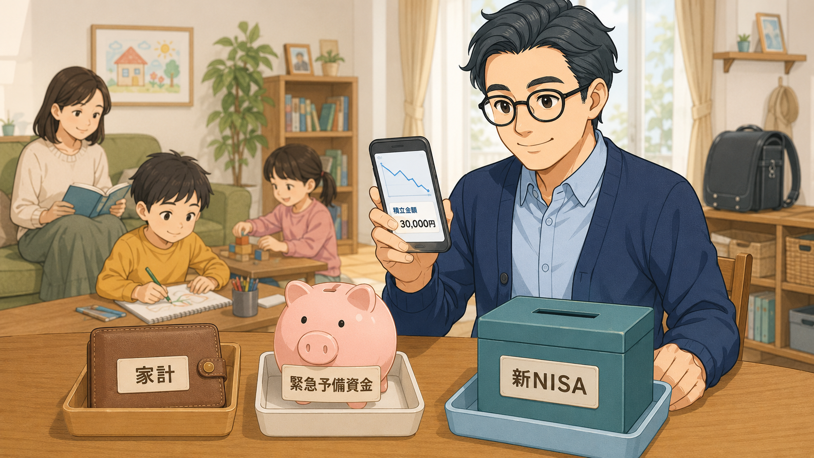 家計と緊急予備資金を確保してから新NISAへ積み立てる家族のイメージ