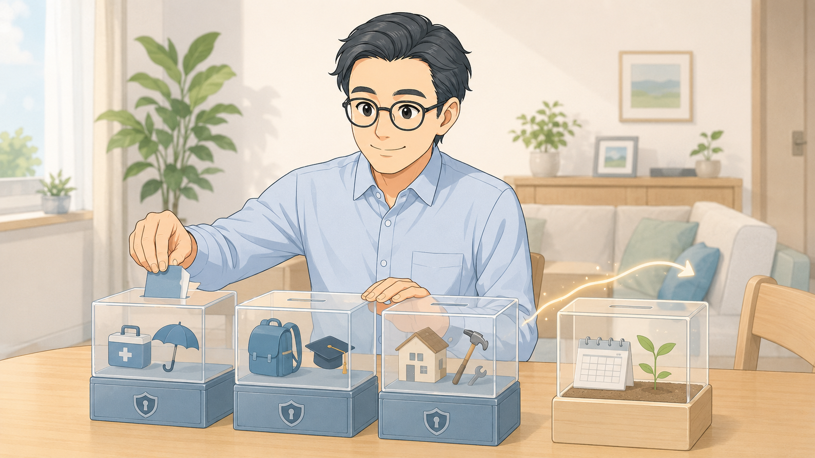家計を守るお金を確保してから積立を続ける流れを示すイラスト